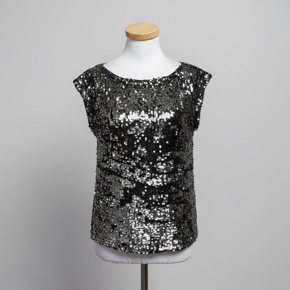 Alice & Olivia black and charcoal sequin top, size M